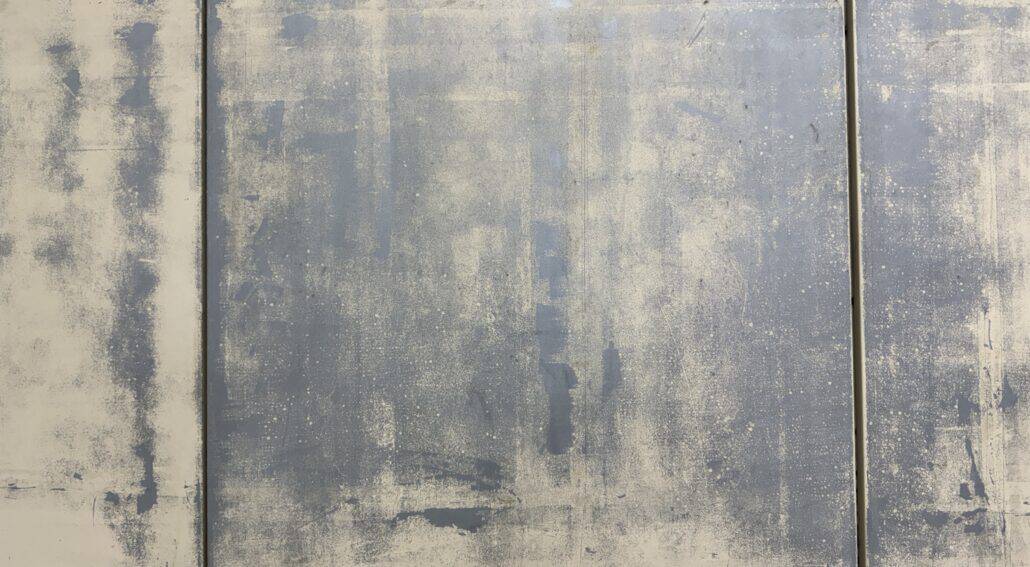 Severe Organic Coating Degradation and Chemical Failure Severely degraded architectural metal panel face showing complete paint binder breakdown, mottling, and surface haze